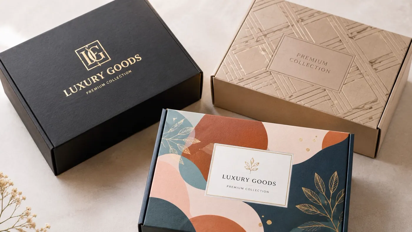 Three stylish rectangular cardboard gift boxes with luxury branding designs arranged on a light background.