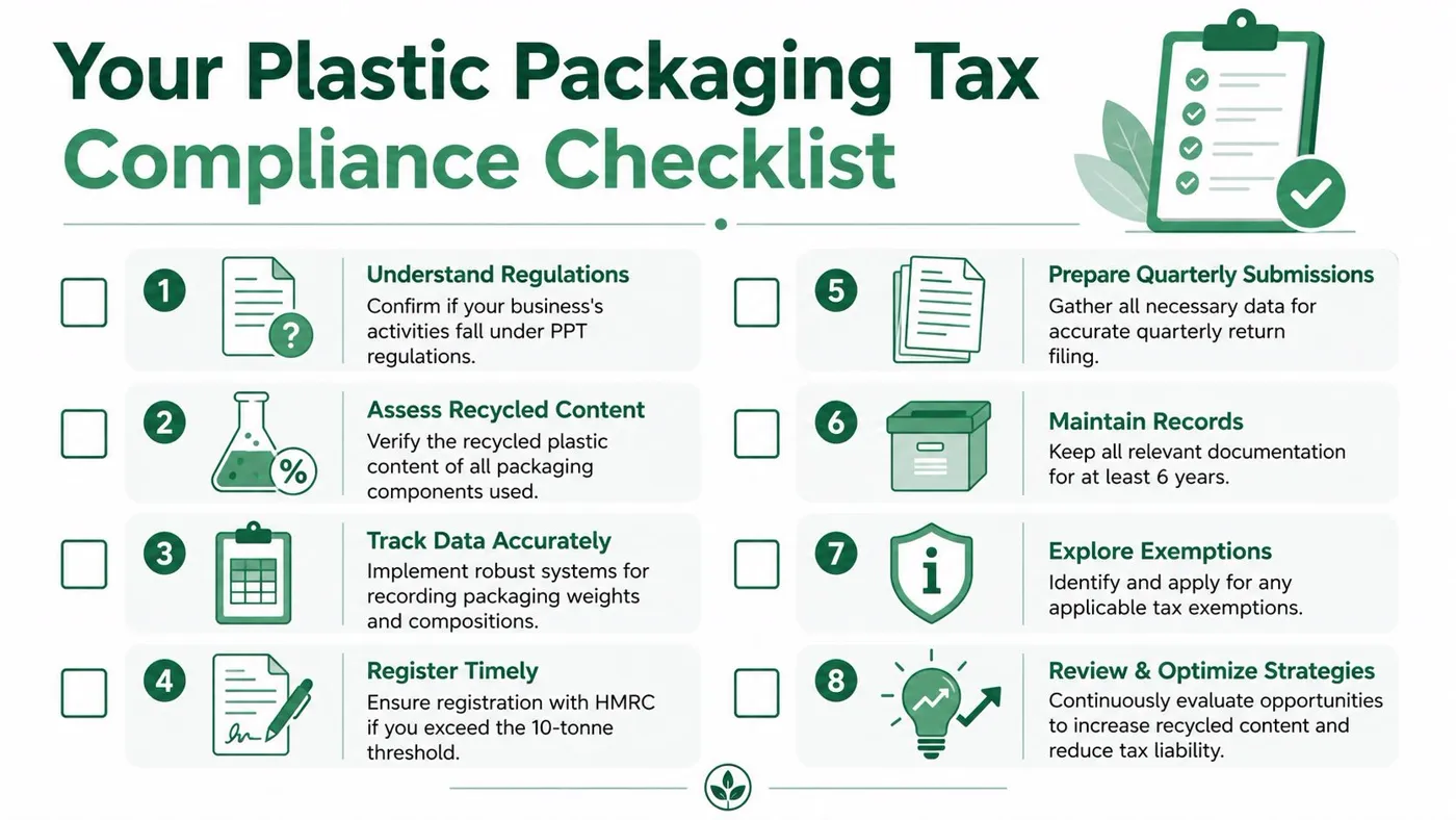 A checklist infographic outlining eight essential steps for businesses to comply with the Plastic Packaging Tax regulations.