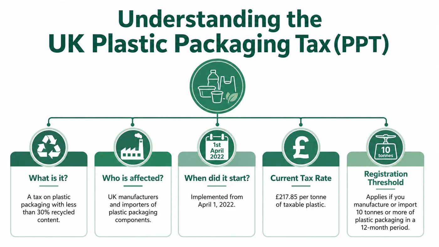 An infographic explaining the UK Plastic Packaging Tax, its start date, tax rate, and registration thresholds.