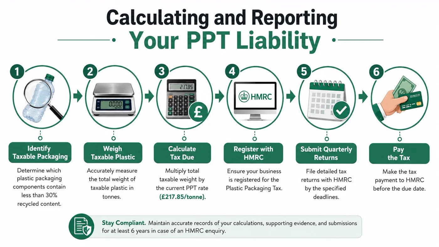 A step-by-step infographic illustrating the six-stage process for calculating and reporting Plastic Packaging Tax liability.
