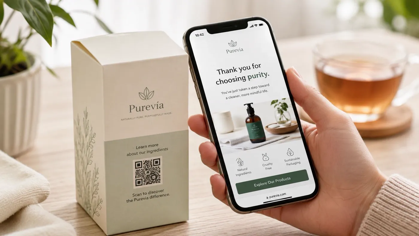 A hand holds a smartphone displaying a brand website next to a product box with a QR code.