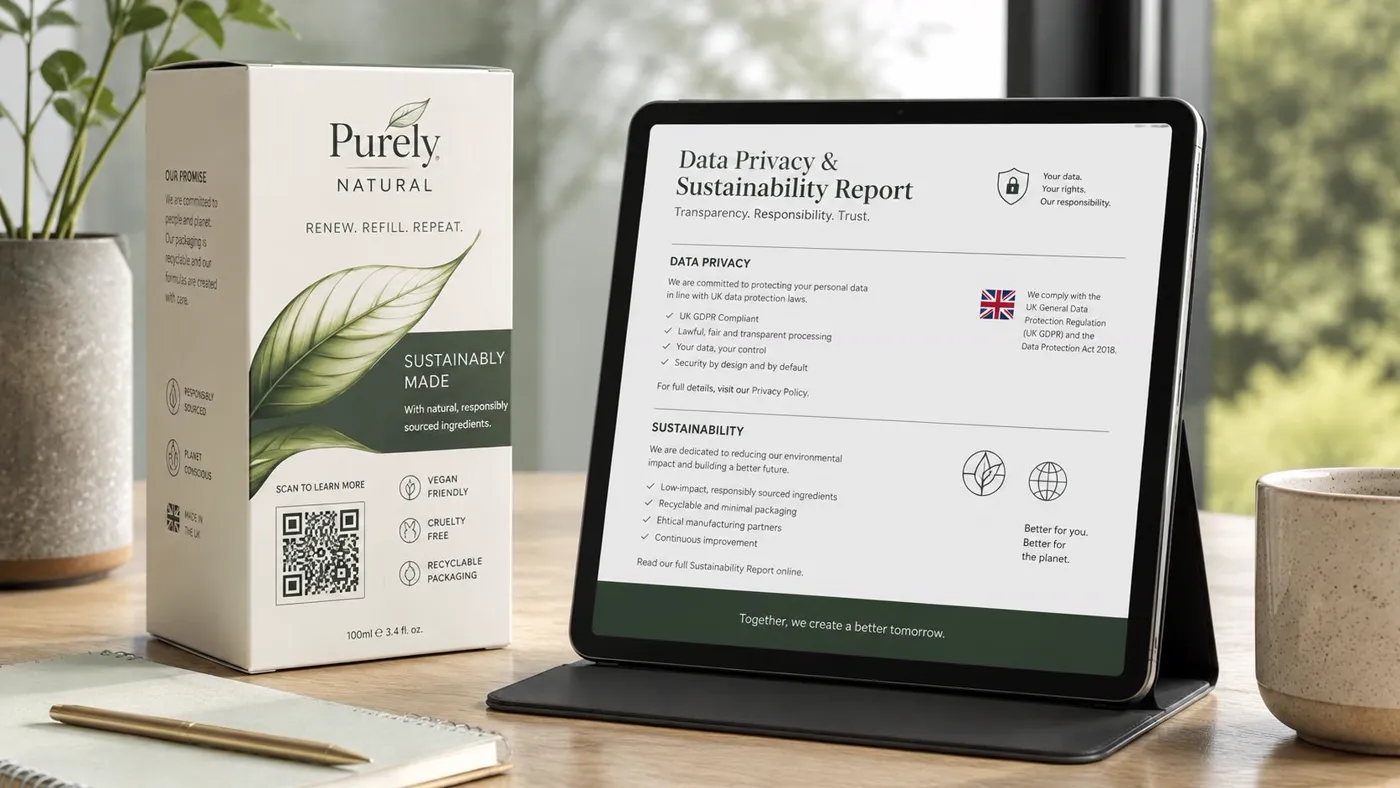 A Purely Natural product box featuring a QR code next to a digital tablet displaying a sustainability report.