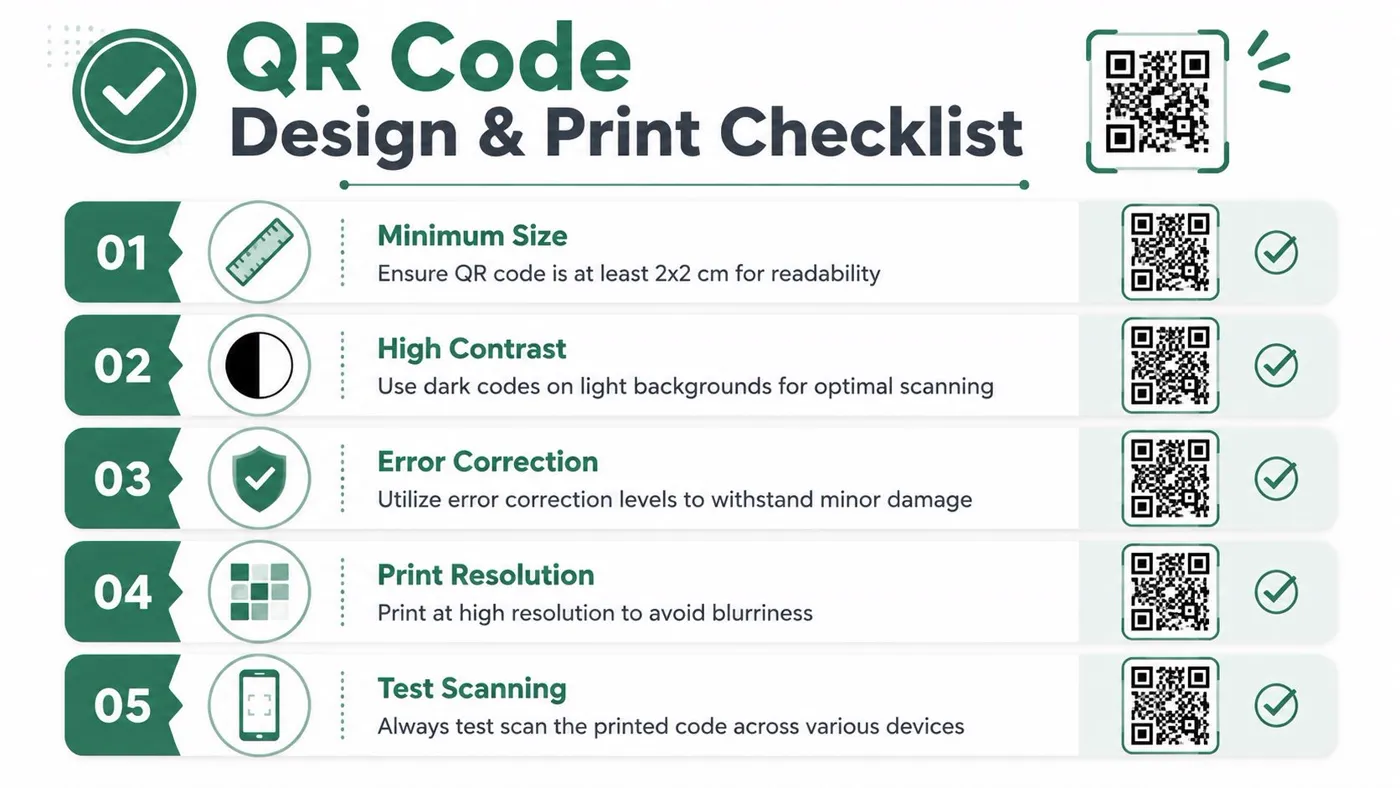 An infographic checklist showing five essential design and printing tips for creating scannable QR codes.