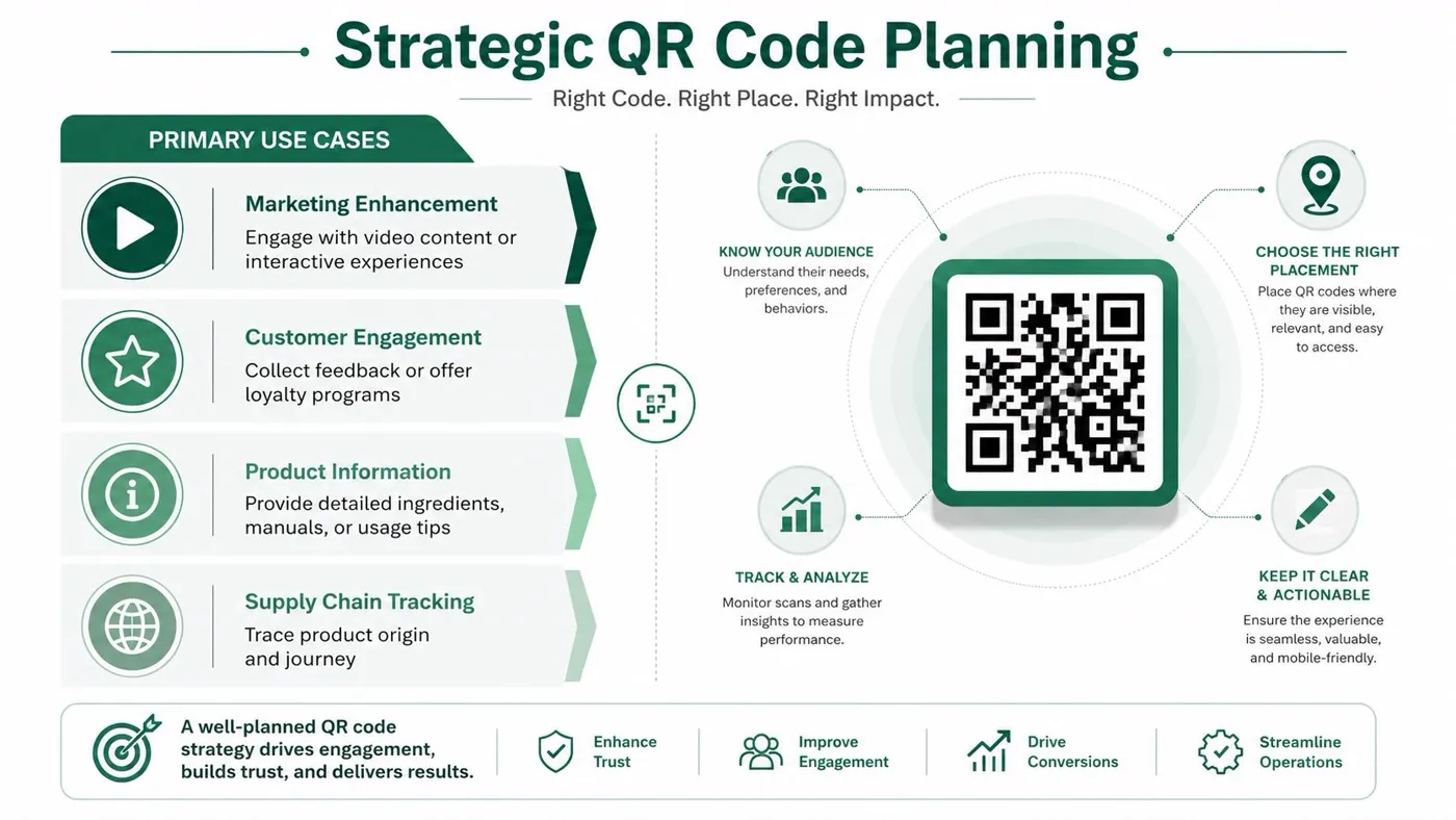 An infographic titled Strategic QR Code Planning illustrating use cases, audience insights, and best practices for implementation.