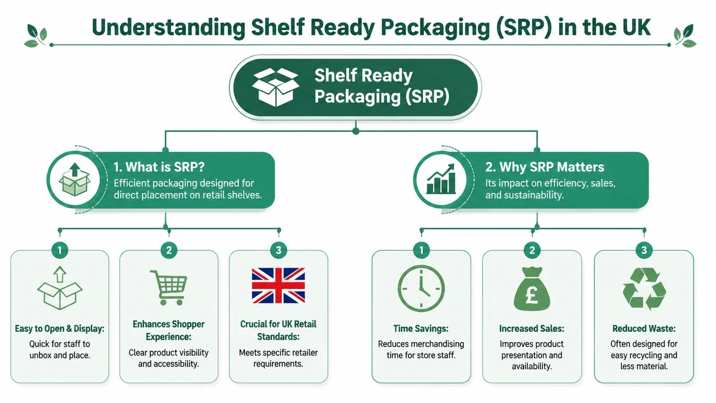 An infographic titled Understanding Shelf Ready Packaging explaining its purpose, benefits, and importance for UK retail standards.