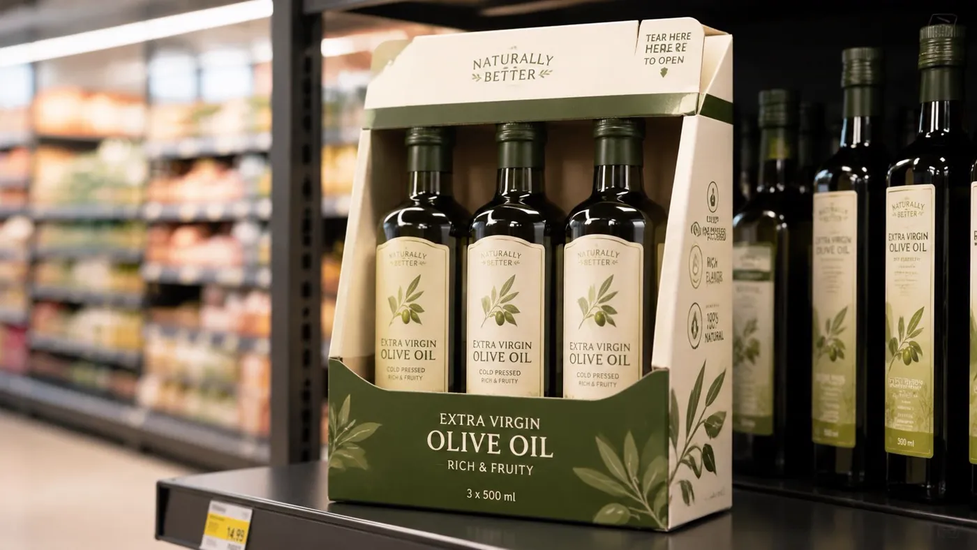 A shelf ready packaging box containing three bottles of Naturally Better extra virgin olive oil in store.