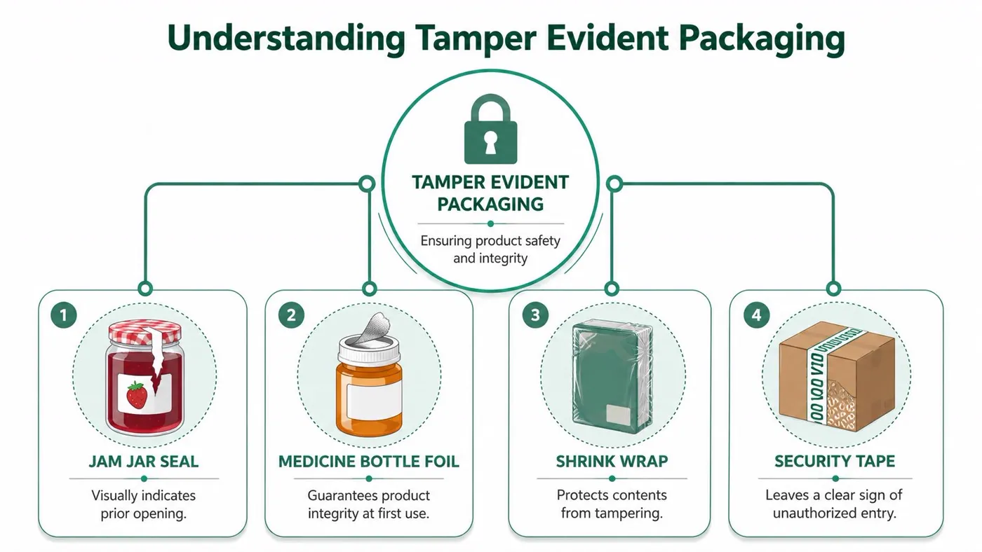 An infographic illustrating four types of tamper evident packaging including jam jar seals, foil, shrink wrap, and tape.