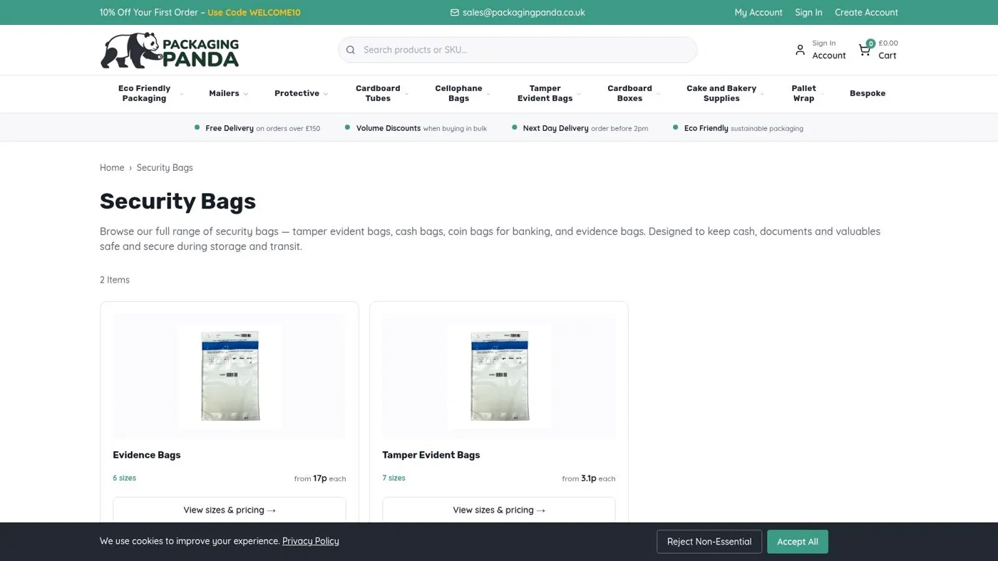 Screenshot from /security-bags.html