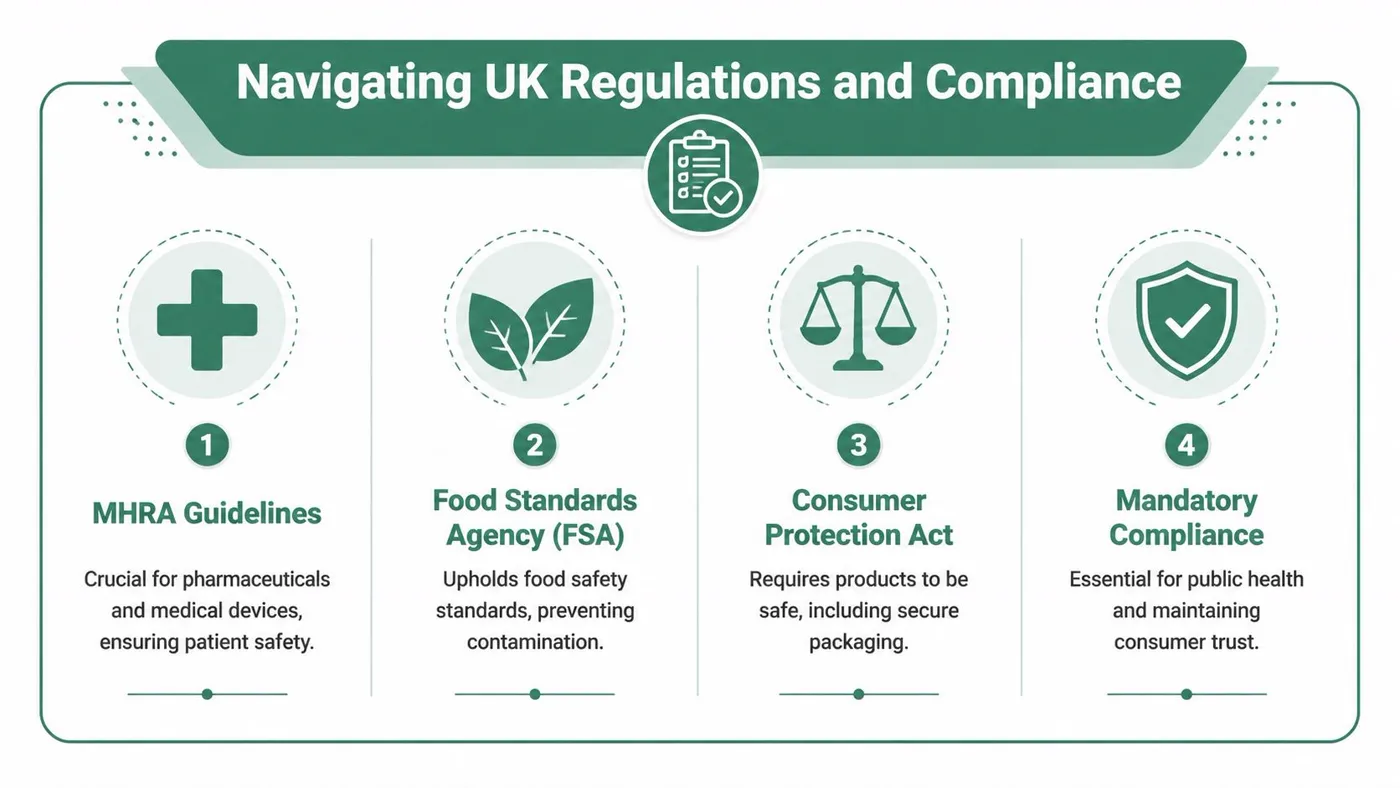 A diagram outlining the four key UK regulations: MHRA, Food Standards Agency, Consumer Protection Act, and Mandatory Compliance.