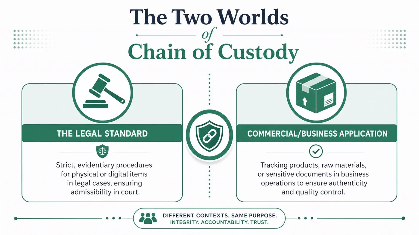 An infographic titled The Two Worlds of Chain of Custody, comparing legal standards with commercial business applications.