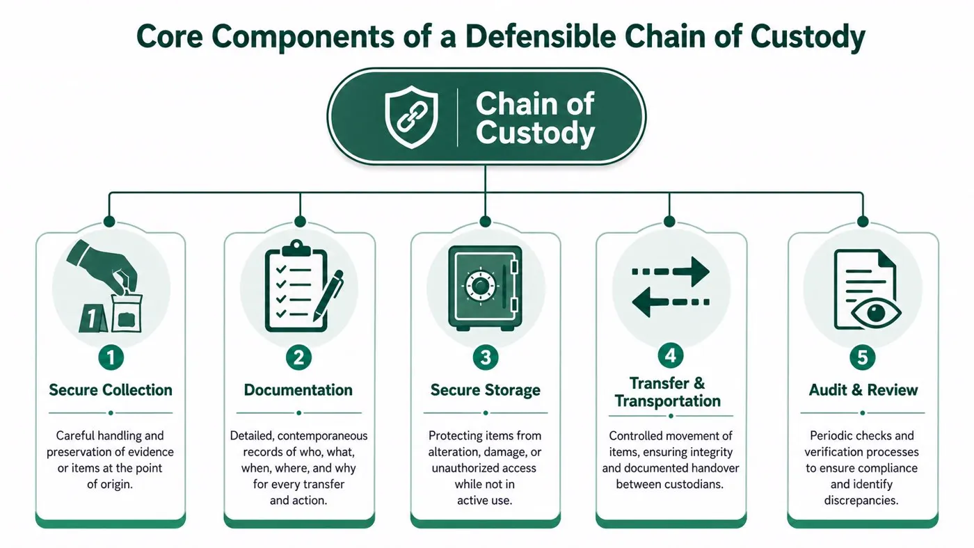 An infographic outlining the five core components of a defensible chain of custody for evidence management.