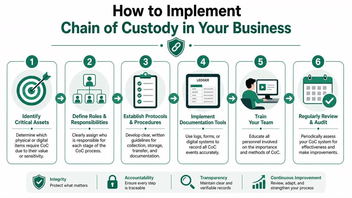 A flowchart infographic titled How to Implement Chain of Custody outlining six essential business steps.