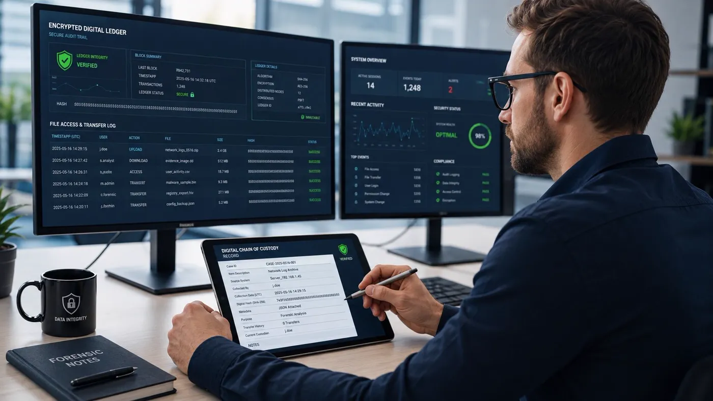 A cybersecurity analyst reviews digital chain of custody records on a tablet alongside computer monitors displaying system logs.