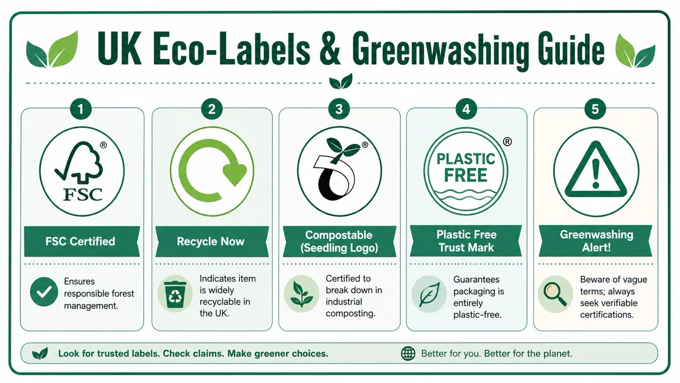 An infographic titled UK Eco-Labels and Greenwashing Guide explaining five common environmental certification symbols and warnings.