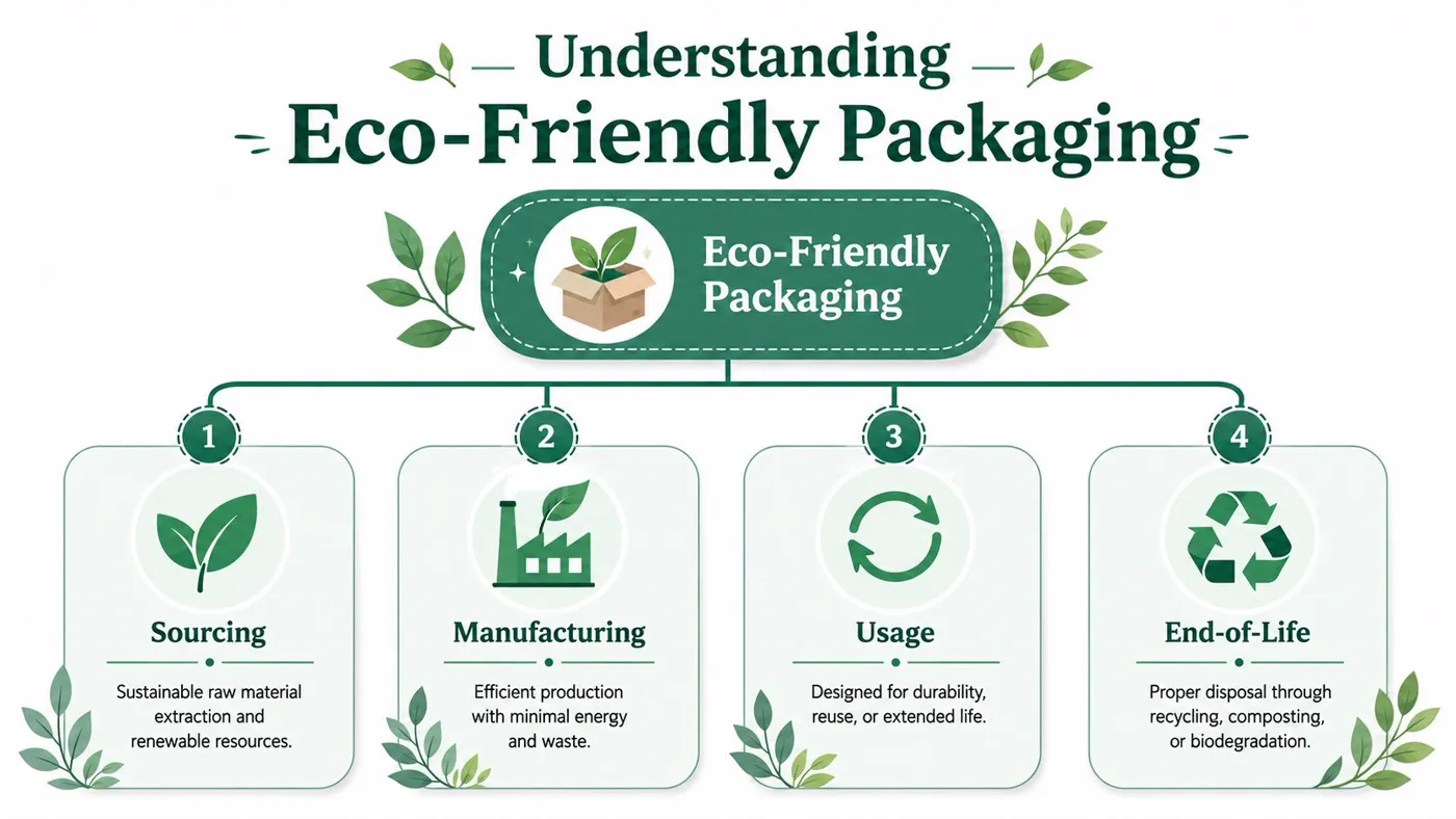 An infographic titled Understanding Eco-Friendly Packaging outlining four stages: Sourcing, Manufacturing, Usage, and End-of-Life.