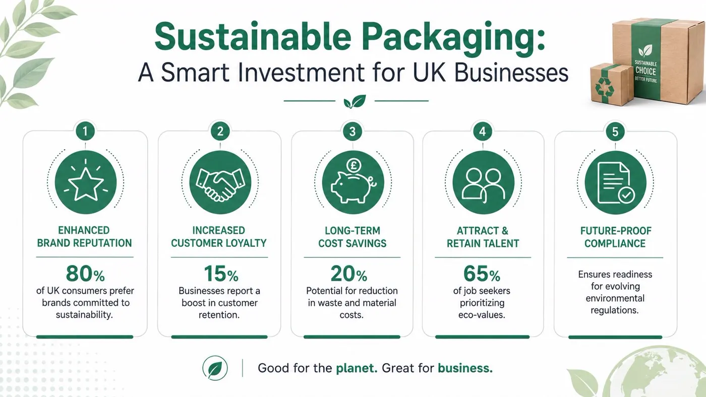 An infographic detailing five key benefits of adopting sustainable packaging for UK businesses to drive growth.