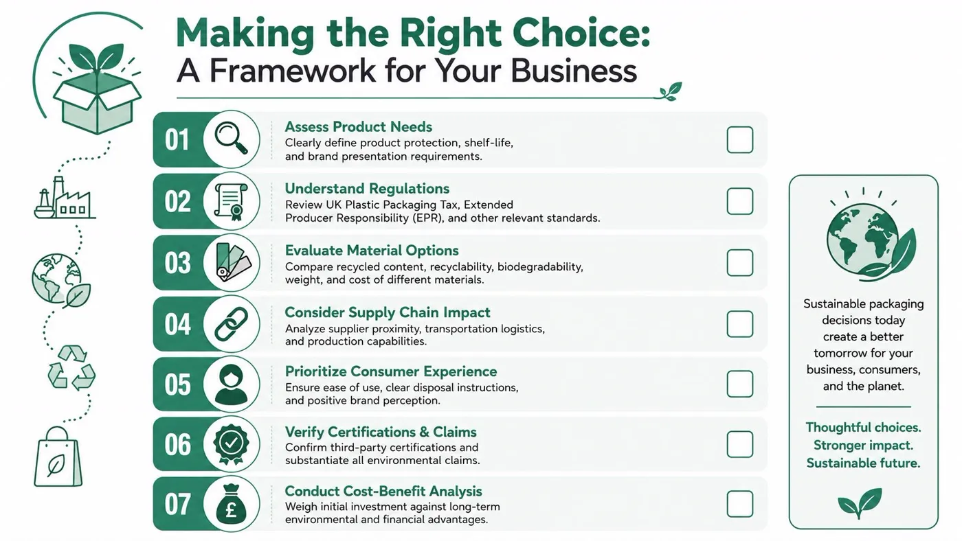 A seven-step checklist graphic for making sustainable business packaging decisions, featuring icons and descriptive text.