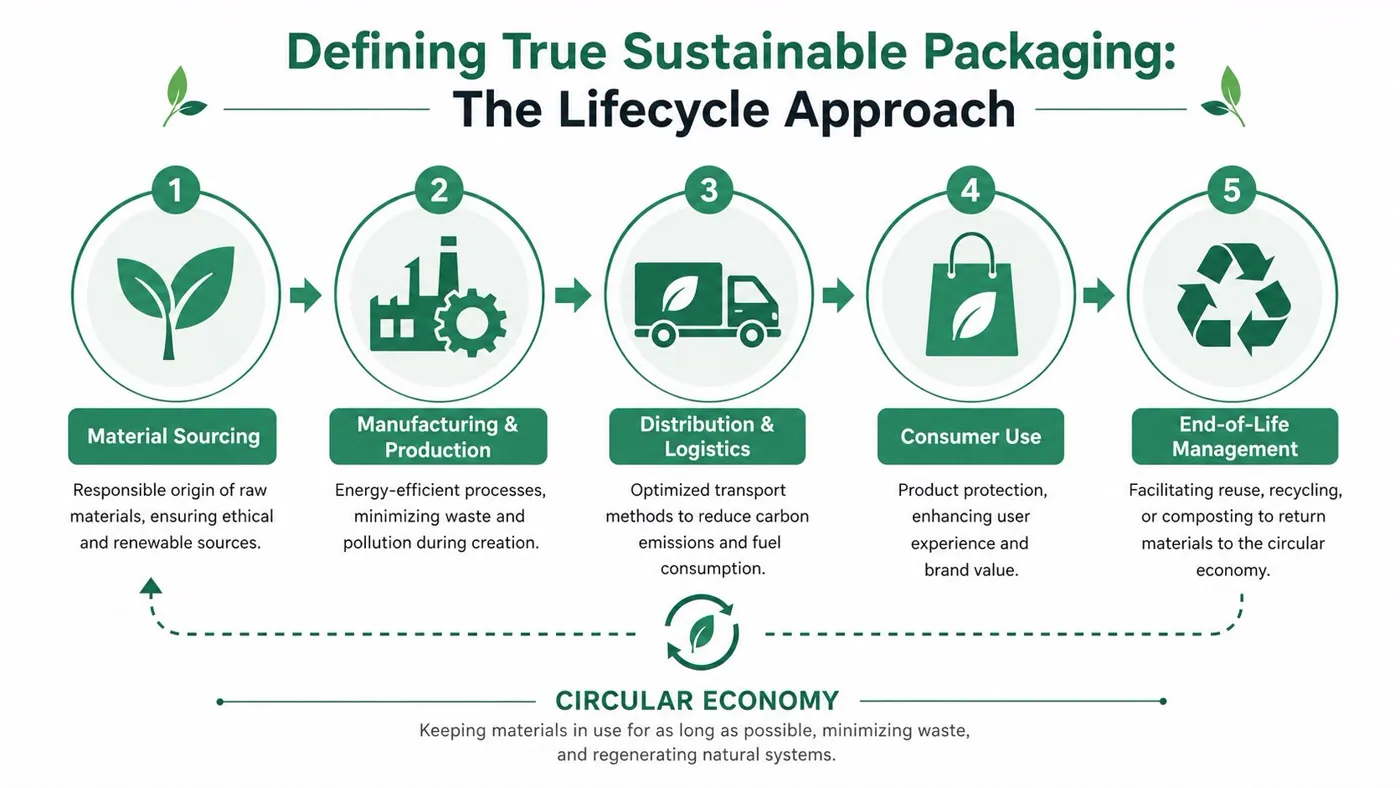 An infographic illustrating the five lifecycle stages of sustainable packaging within a circular economy framework.