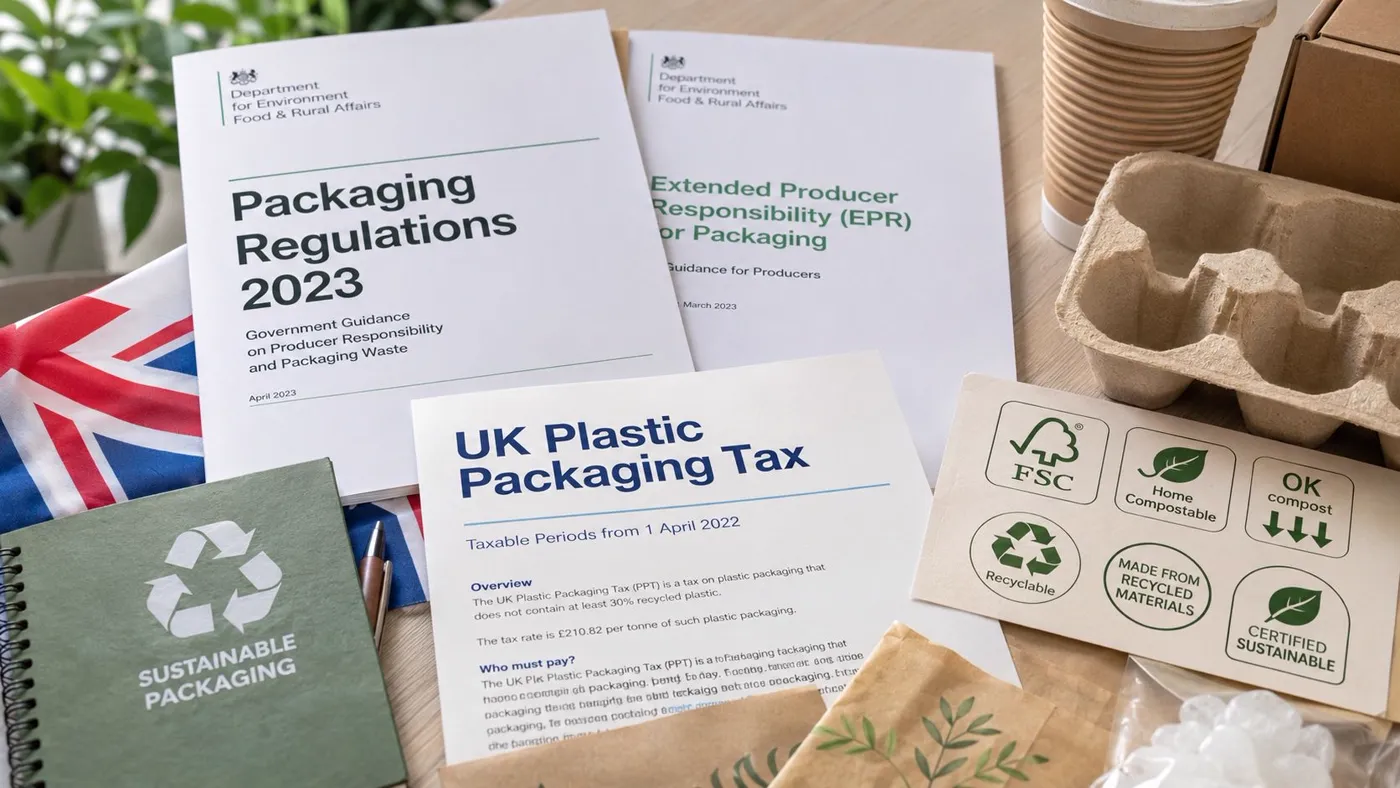 Government documents and sustainable packaging icons on a wooden desk with a British flag.