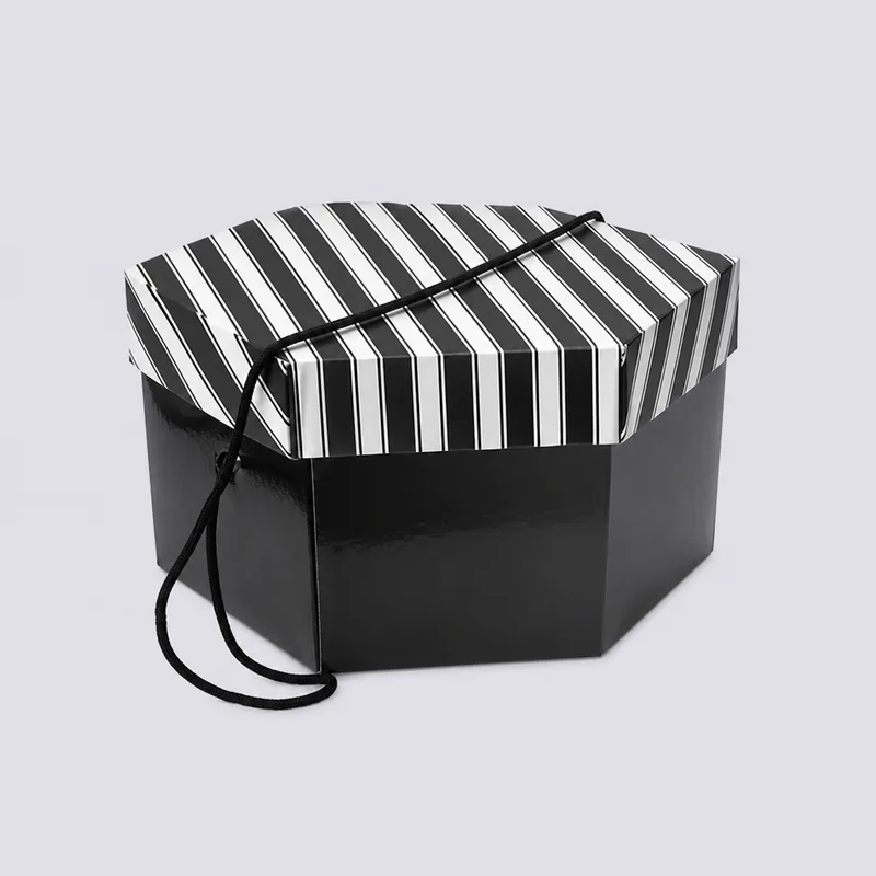 Black and White Stripe Lid and Black Base Hat Boxes — related packaging product