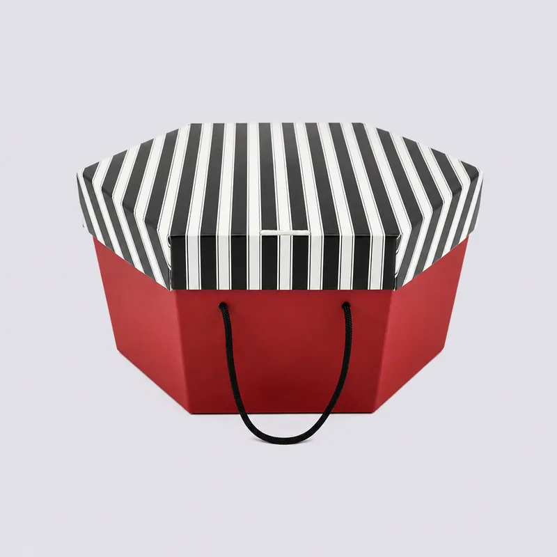 Black and White Stripe Lid and Red Base Hat Boxes — related packaging product