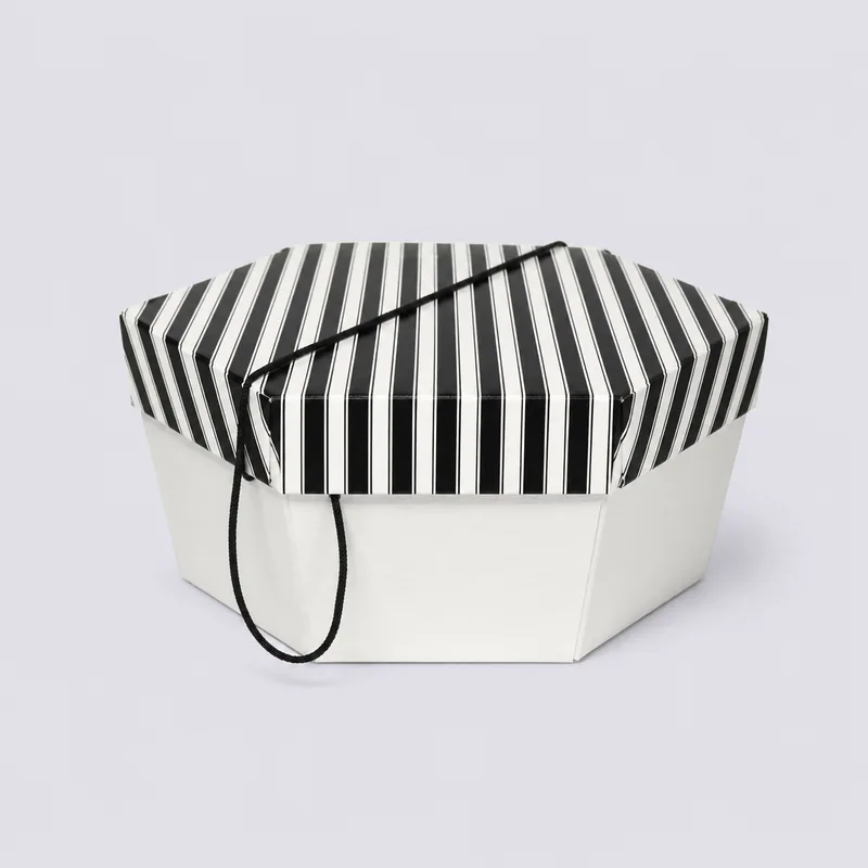 Black and White Stripe Lid and White Base Hat Boxes — related packaging product